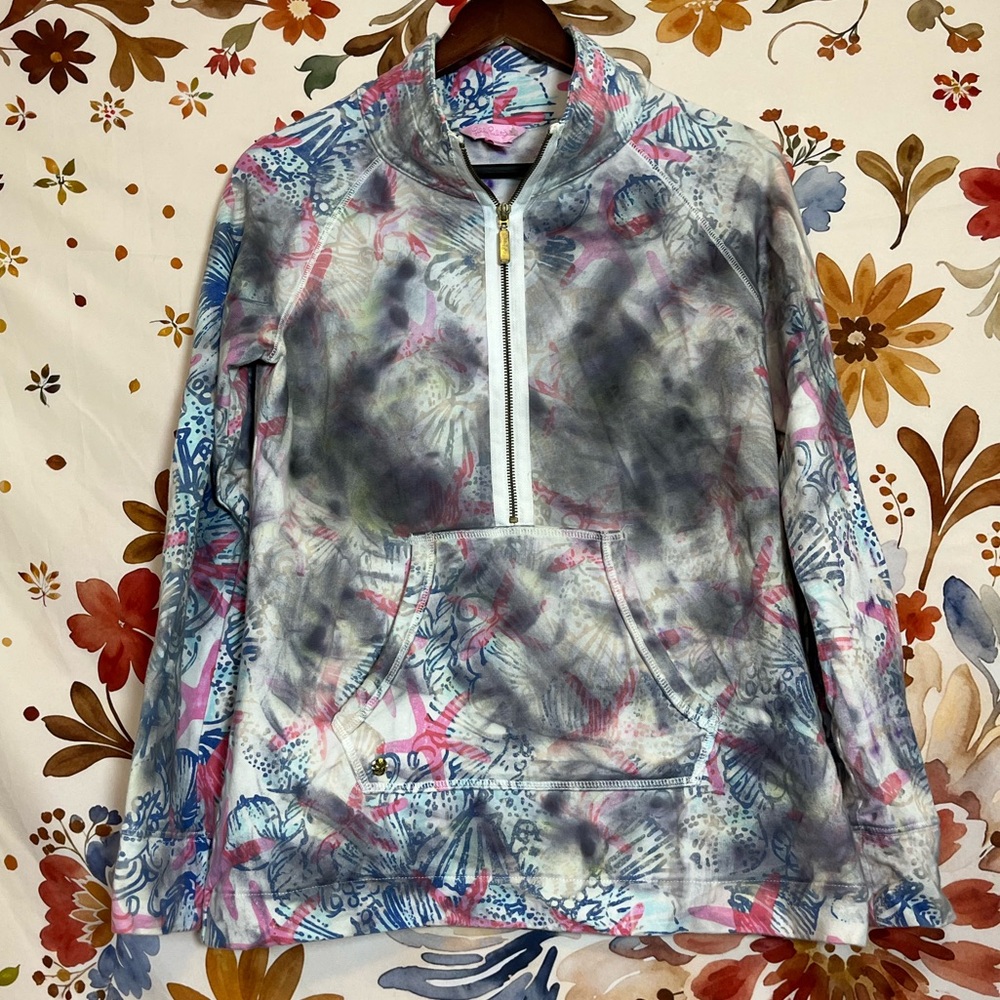 Lilly Pulitzer Seashell Starfish Upcycle Preppy Grunge Bleach Dye Zip Sweatshirt